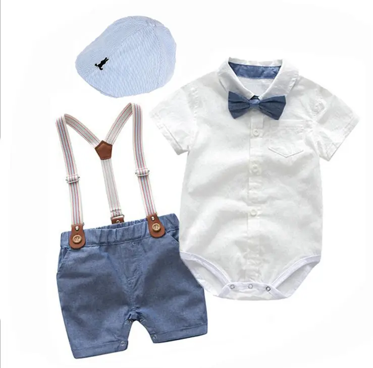 跨境欧美男宝宝绅士哈衣套装男童短袖短裤帽子多件套夏季新款童装