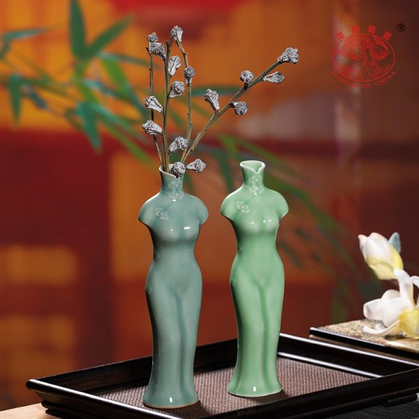 龙泉青瓷花瓶创意客厅中式小号家居装饰摆件陶瓷水培插花器二件套