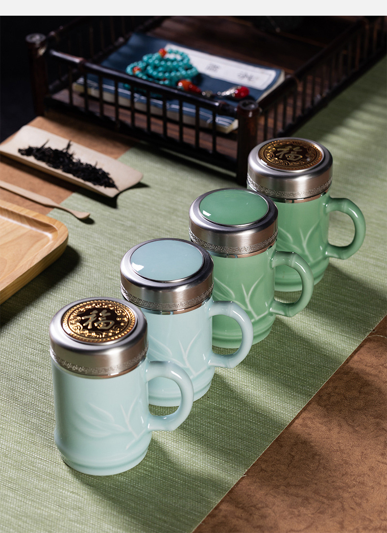 龙泉青瓷 竹节保温杯不锈钢内胆茶水分离泡茶杯 陶瓷大容量商务杯