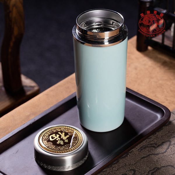 龙泉青瓷 保温杯大容量不锈钢内胆水杯 陶瓷便携茶水分离泡茶杯子
