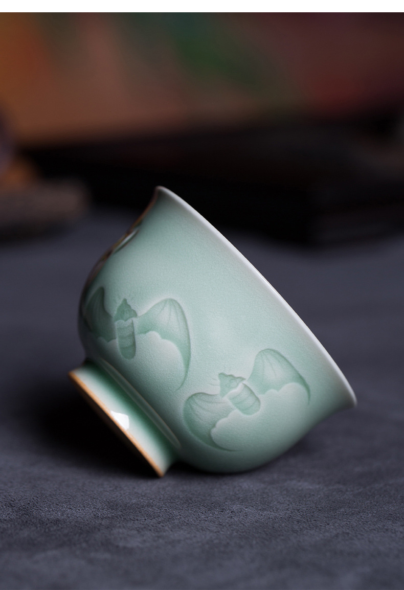 龙泉青瓷 高档手工主人杯李茂林福在眼前功夫茶杯 陶瓷品茗杯茶碗