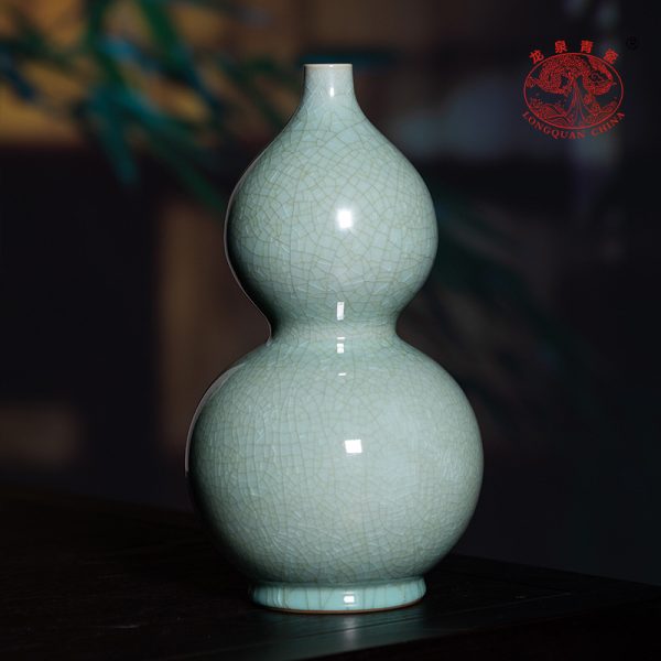 龙泉青瓷中式纯手工葫芦花瓶陶瓷高档客厅花插装饰品工艺收藏摆件