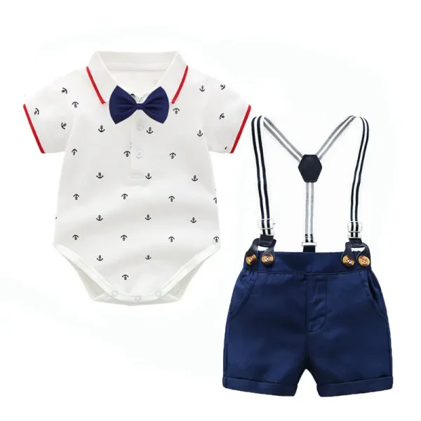 欧美跨境婴幼儿服饰 夏季新款男童爬服三角哈衣+帽子多件套绅士服
