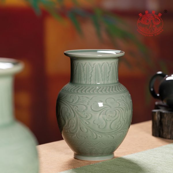 龙泉青瓷 花瓶纯手工高端瓷器摆件 陶瓷插花中式赏瓶大号客厅瓷瓶