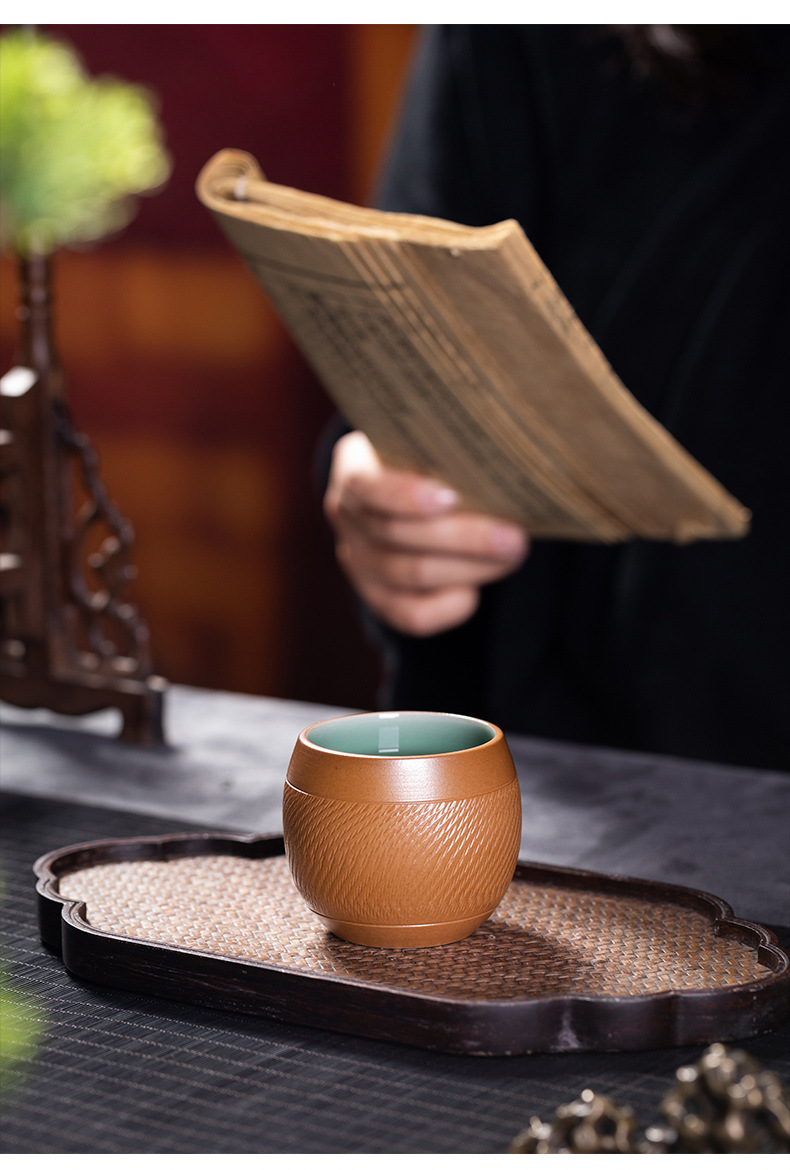 龙泉青瓷 创意家用功夫茶杯纯手工主人杯 陶瓷跳刀鼓型品茗杯茶碗