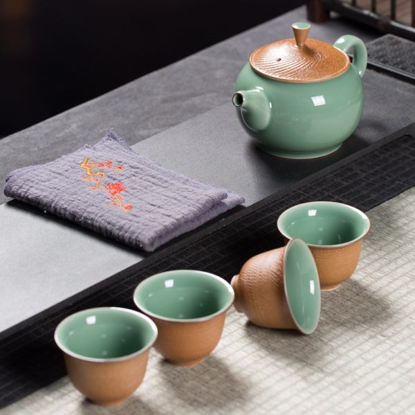 龙泉青瓷 跳刀茶具套装家用一壶四杯功夫茶具 陶瓷高档茶壶泡茶杯