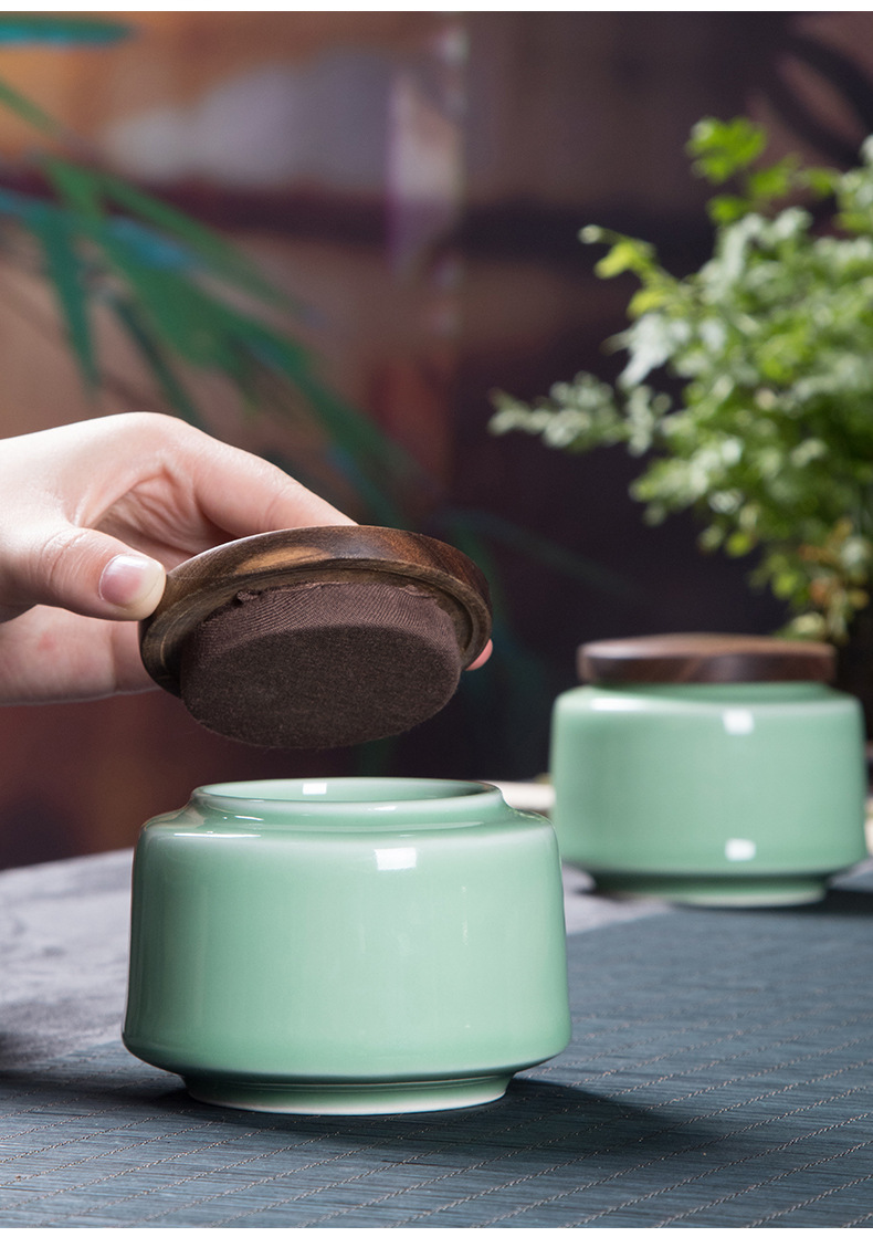龙泉青瓷 厂家直销酸枝木盖茶叶罐 陶瓷密封罐双罐礼盒装雕刻LOGO