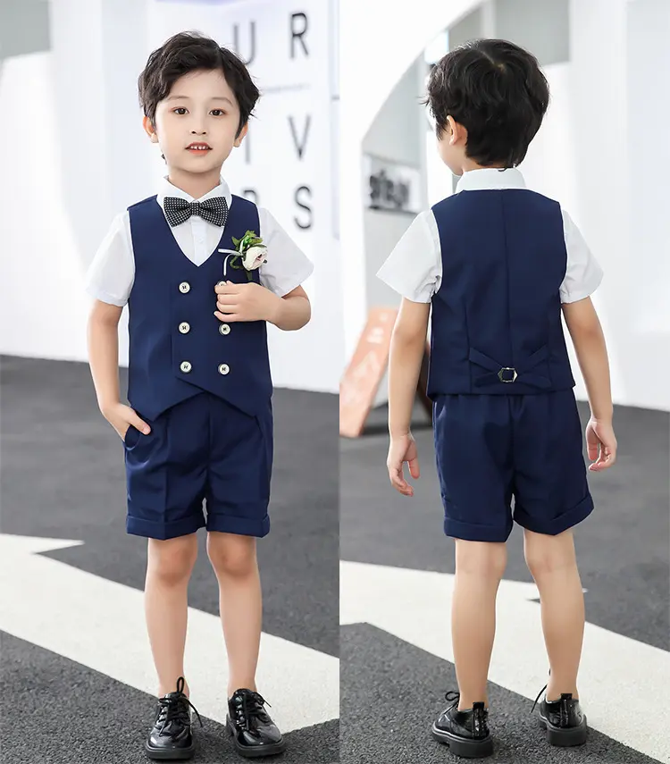 儿童套装新款春夏短袖马甲套男童花礼服中小童宝宝周岁生日宴会服