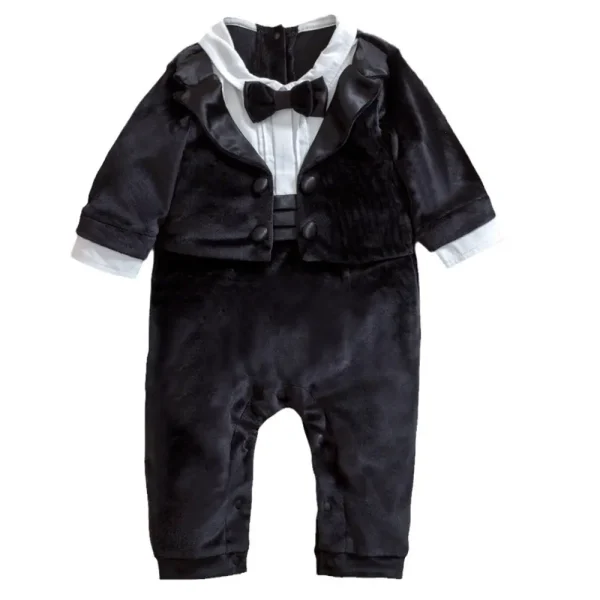 春秋新款婴儿假两件男宝宝周岁生日礼服金丝绒连体baby幼童包屁衣
