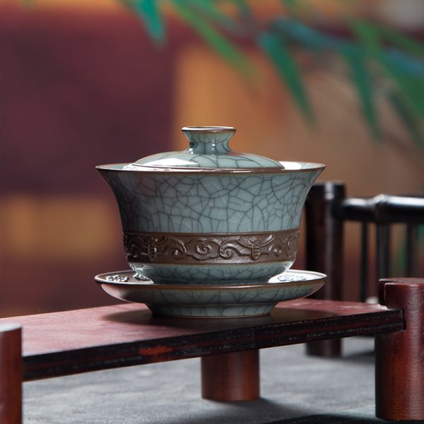 龙泉青瓷哥窑冰裂功夫茶具三才盖碗 陶瓷敬茶创意手工刻花泡茶碗