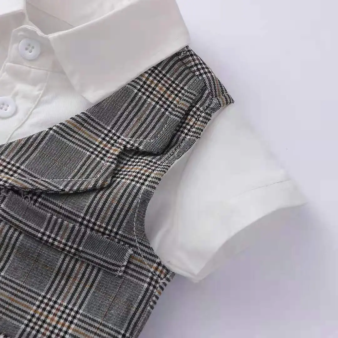 跨境夏季新款男宝宝绅士套装周岁礼服爬服马甲短裤领结多件套批发