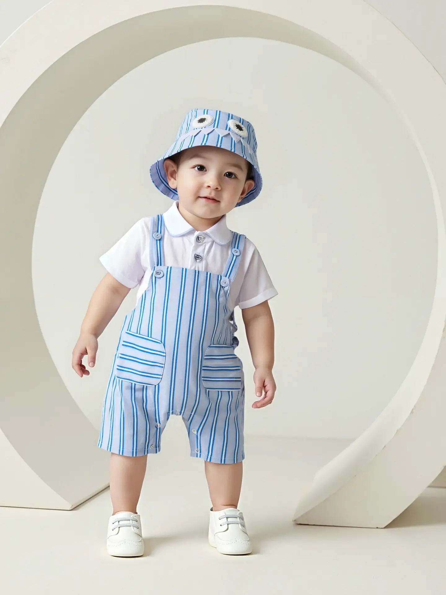 跨境婴儿衣服夏装新款连体衣男宝蓝条纹翻领短袖爬服外出哈衣套装