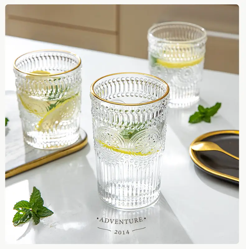 金边浮雕杯家用北欧复古水杯女简约ins风泡茶杯 透明雕花玻璃茶杯