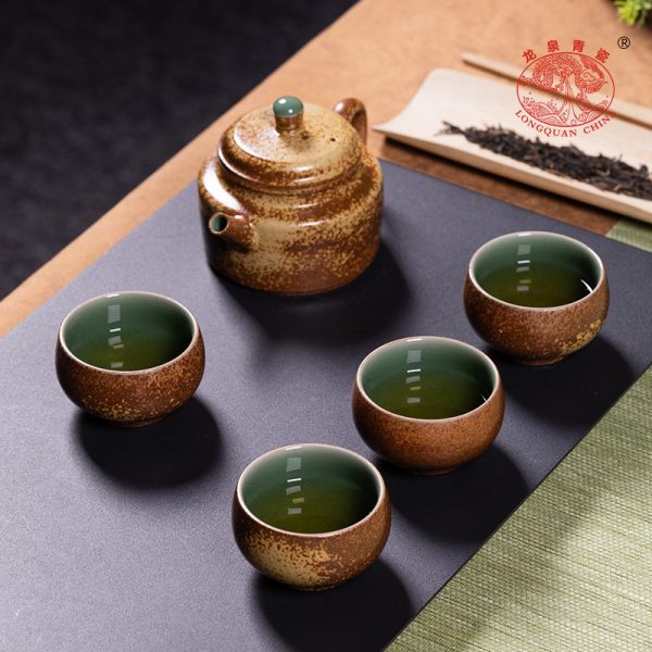 龙泉青瓷 柴烧窑变一壶四杯功夫茶具 陶瓷高档泡茶壶茶杯旅行套装