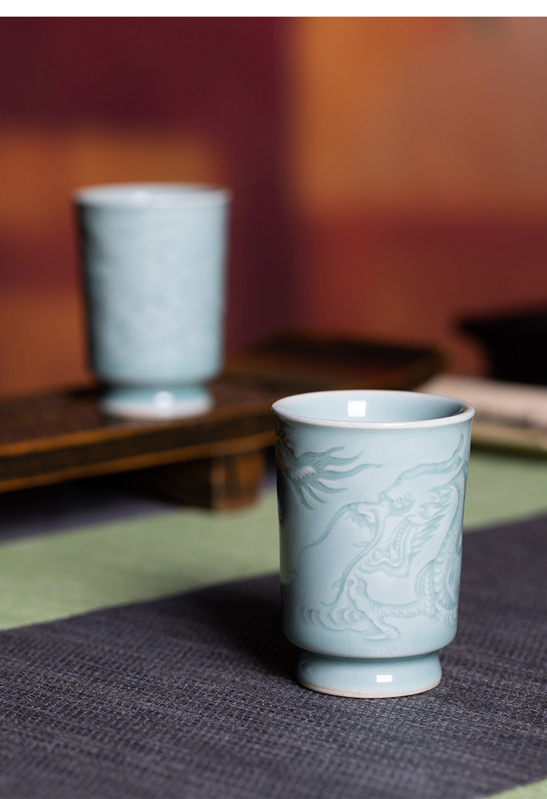 龙泉青瓷 创意手工闻香杯功夫茶杯主人杯 陶瓷中式龙凤直口品茗杯