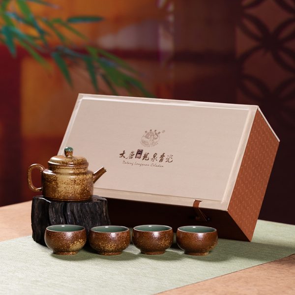 龙泉青瓷 柴烧窑变一壶四杯功夫茶具 陶瓷高档泡茶壶茶杯旅行套装