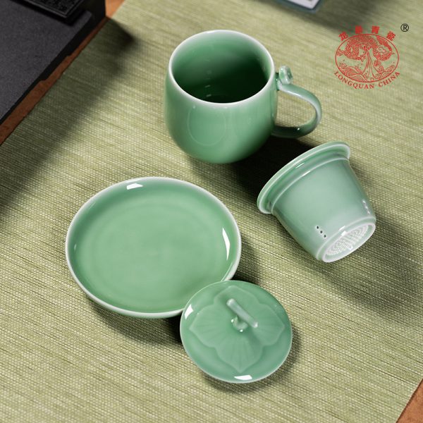 龙泉青瓷莲瓣高足杯子复古茶杯陶瓷家用主人杯马克杯功夫泡茶具