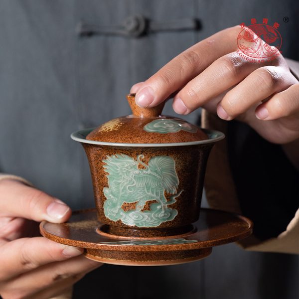 龙泉青瓷 三才盖碗家用功夫茶具敬茶泡茶碗 陶瓷仿古柴烧手抓茶碗