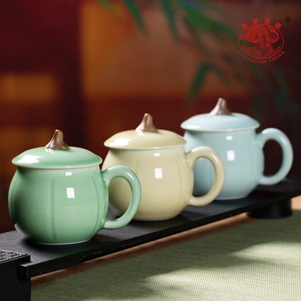 龙泉青瓷 创意带盖南瓜杯大容量喝水杯 陶瓷办公杯家用泡茶杯子