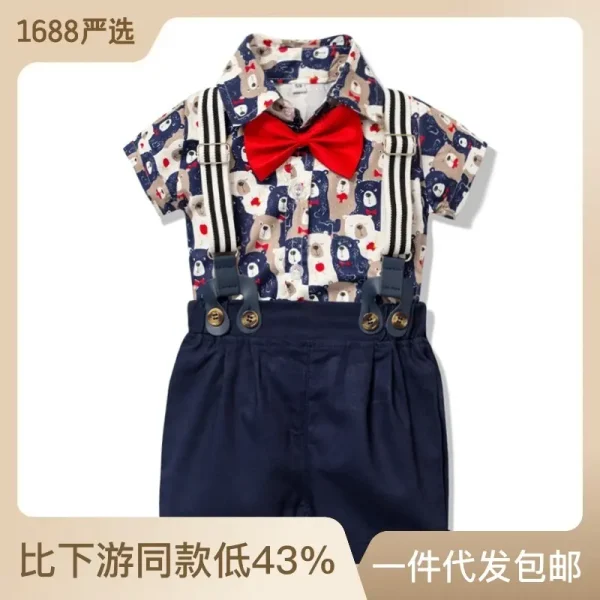 加工定制直销跨境男童卡通熊短袖短裤爬服男宝宝夏季新款绅士哈衣