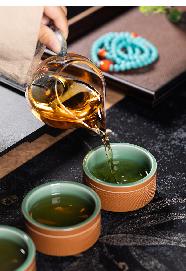 龙泉青瓷 便携式功夫旅行一壶四杯茶具套装 手工跳刀茶壶茶杯公道