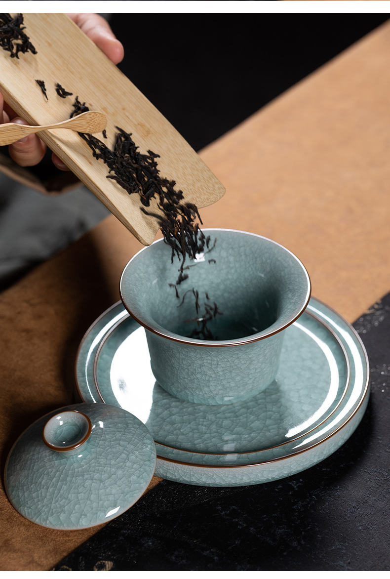 龙泉青瓷 三才盖碗大号冰裂手抓茶碗 陶瓷功夫茶具手工高档敬茶碗