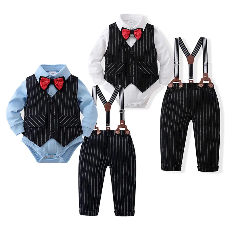 外贸童装宝宝春秋款男童秋装服婴儿绅士背带裤三件套哈衣儿童套装