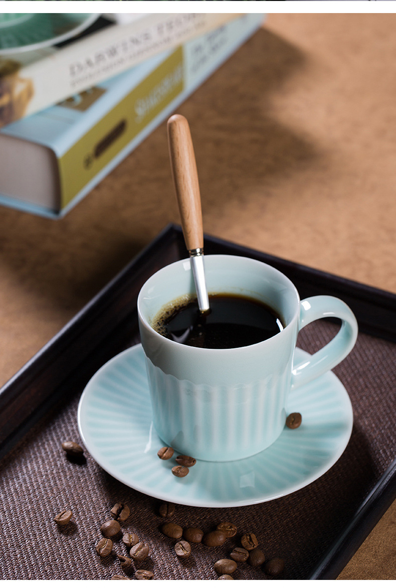 龙泉青瓷 美式家用咖啡杯碟套装水杯 陶瓷马克杯子高档精致早餐杯
