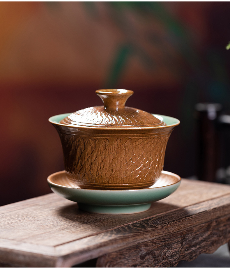 龙泉青瓷 功夫茶具复古手工跳刀三才盖碗 陶瓷家用会客手抓泡茶碗