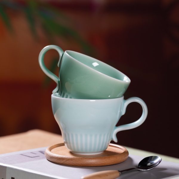 龙泉青瓷 拿铁咖啡杯碟套装高档精致水杯 陶瓷家用高颜值马克杯子