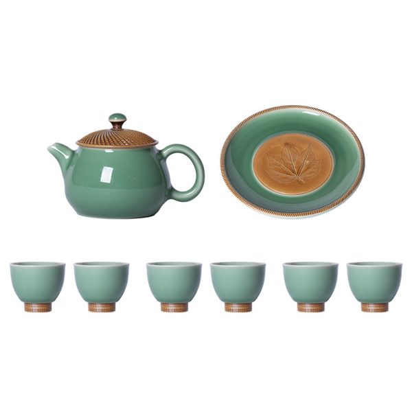 龙泉青瓷 复古纯手工跳刀功夫茶具 陶瓷轻奢泡茶壶杯壶承礼盒整套