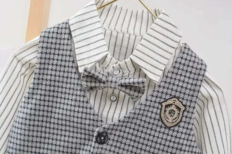 欧美春秋男童长袖长裤马甲礼服三件套儿童千鸟格外贸表演绅士新款