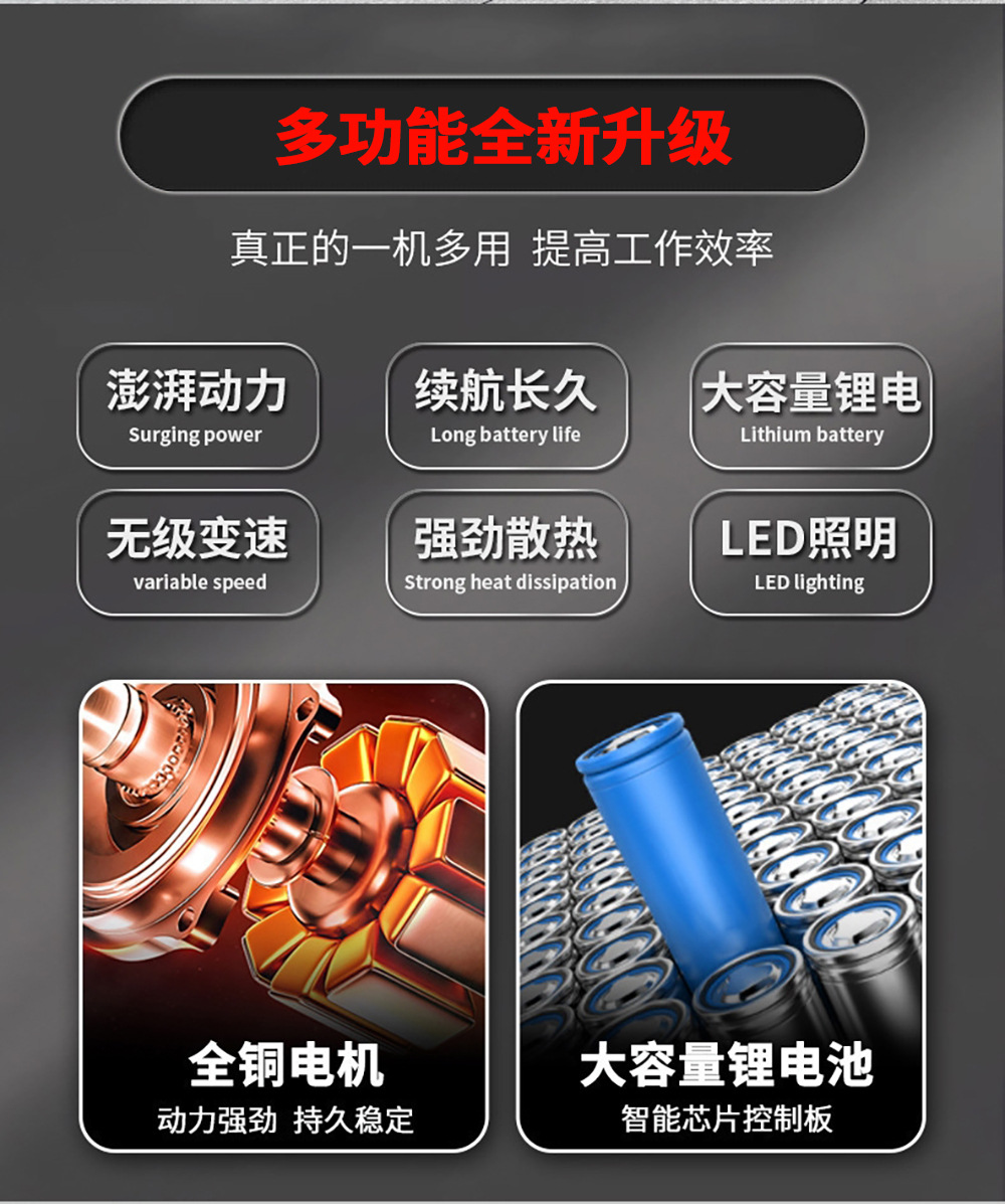 跨境热门锂电三功能冲击钻套装无绳10mm三合一手电钻套装多功能