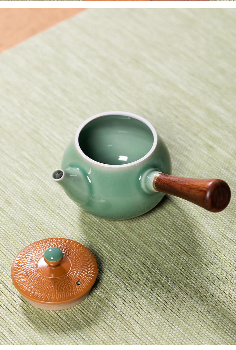 龙泉青瓷 侧把壶家用功夫茶具泡茶壶单壶 陶瓷手工跳刀轻奢风茶壶