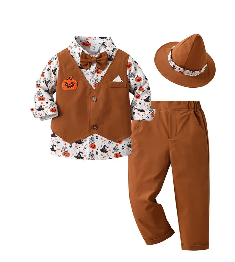 外贸童装批发万圣节南瓜表演服儿童衣服宝宝巫师帽三件套男童套装