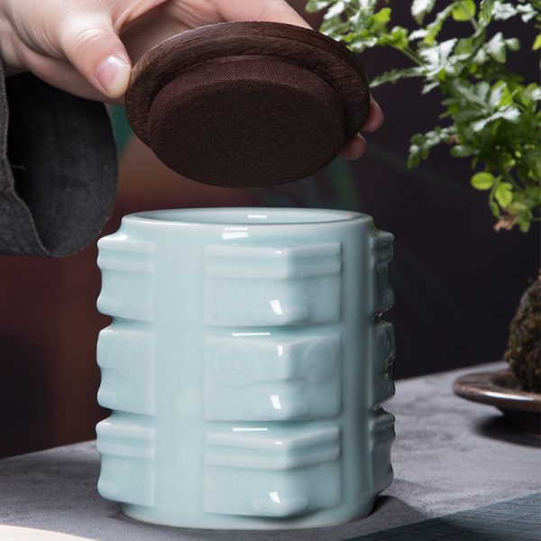 龙泉青瓷 厂家直销创意木盖茶叶罐 陶瓷中式良渚储存茶罐LOGO