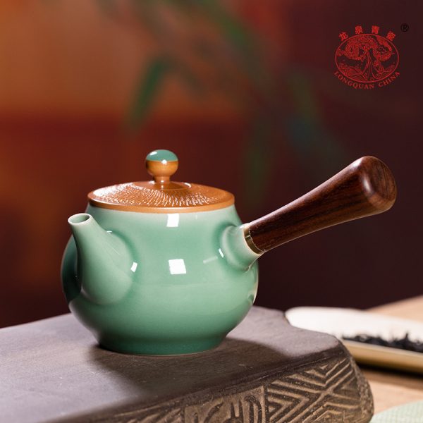 龙泉青瓷 侧把壶家用功夫茶具泡茶壶单壶 陶瓷手工跳刀轻奢风茶壶