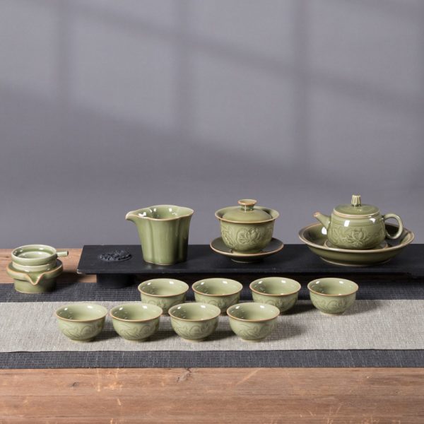 龙泉青瓷 中式越窑仿古功夫茶具套装 陶瓷手工家用泡茶壶盖碗茶杯