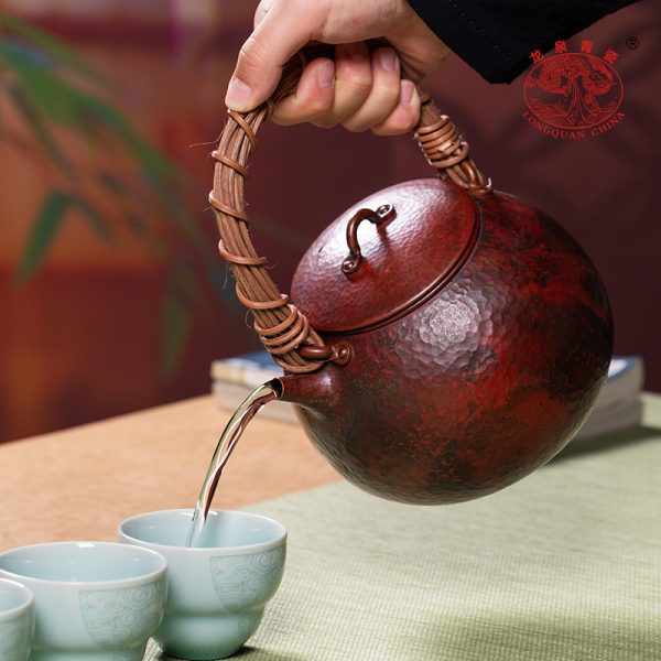 龙泉青瓷 茶杯铜壶烧水壶煮茶壶手工茶壶 红铜家用功夫茶具沏茶壶