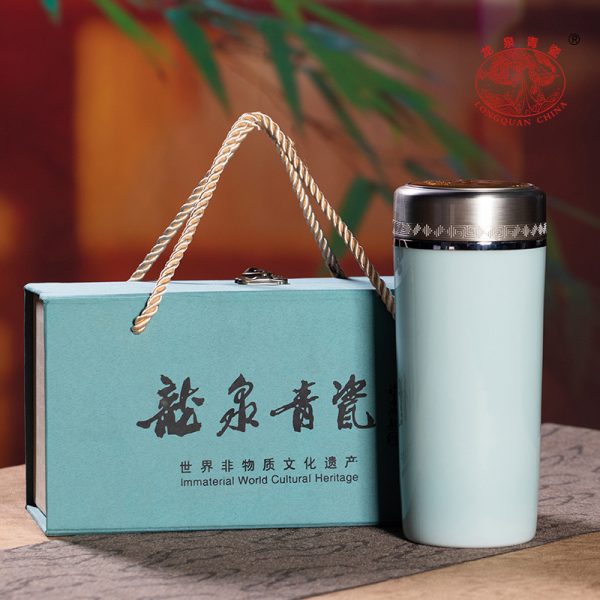 龙泉青瓷 保温杯大容量不锈钢内胆水杯 陶瓷便携茶水分离泡茶杯子