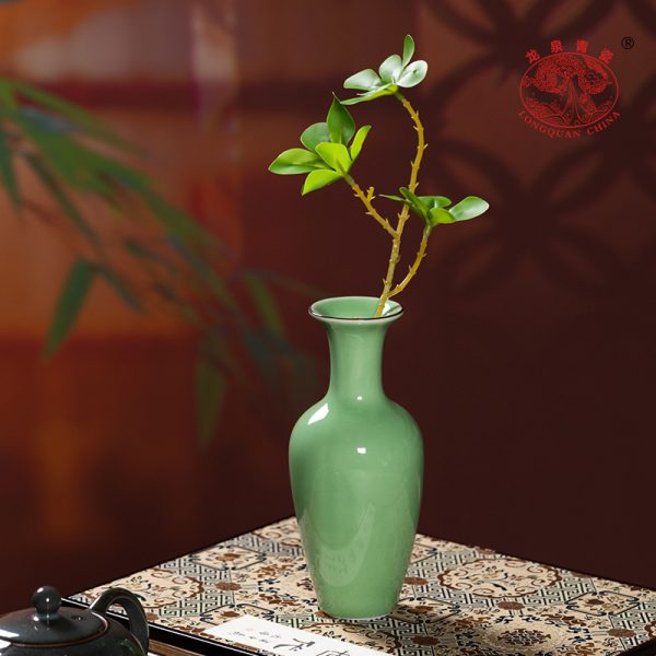 龙泉青瓷小号花瓶子柳叶插花器套装陶瓷中式水培干花客厅装饰摆件