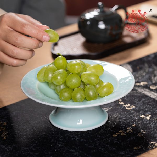 龙泉青瓷 水果盘高脚点心盘创意茶点盘子 陶瓷中式禅意供贡干果碟
