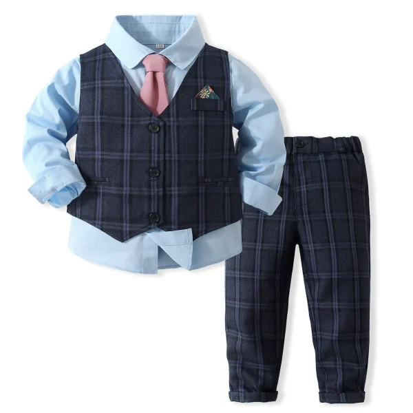 儿童礼服男童宴会衣服绅士格子马甲衬衫长裤领带派对帅气三件套装