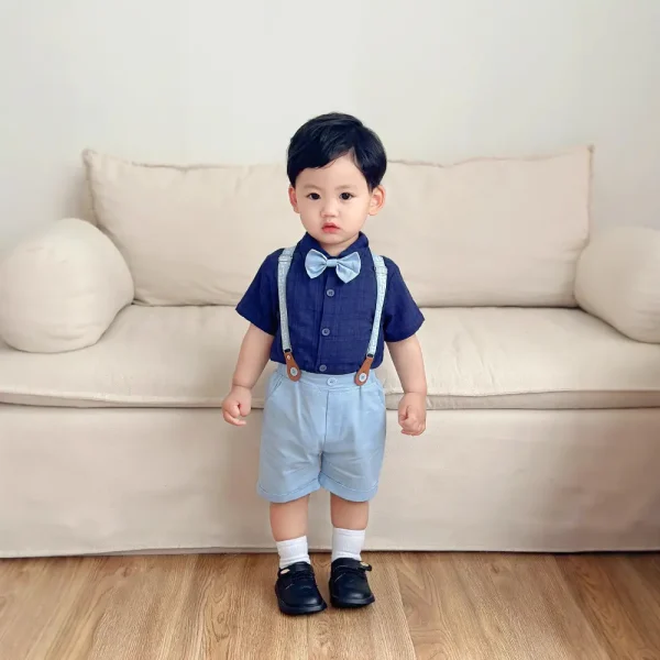 欧美绅士夏款儿童套装宝宝正装polo衬衫背带短裤宴会礼服男童夏装