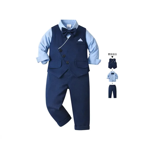 2025欧美童装春秋长袖宝宝衣服儿童带马甲绅士礼服三件套男童套装