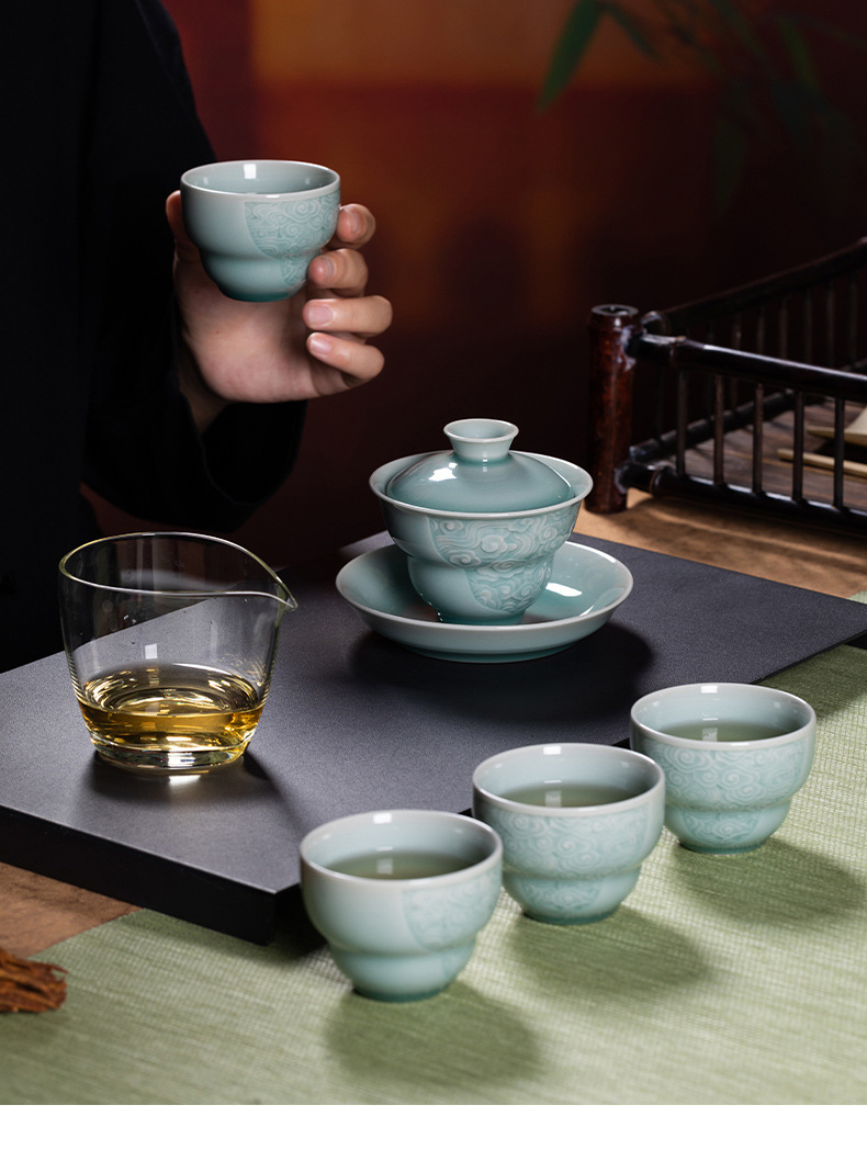 龙泉青瓷 功夫茶具三才盖碗茶杯套装 陶瓷高档中式家用喝茶泡茶碗