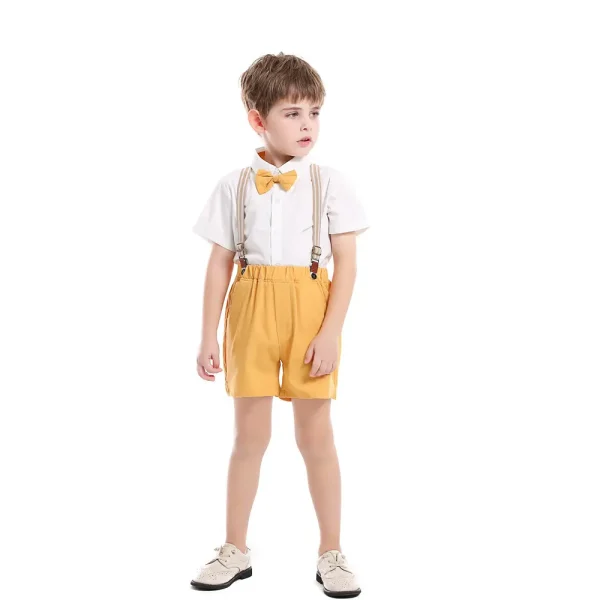 新品夏季韩版童装礼服棉质短袖衬衫背带裤宝宝衣服外贸男童套装