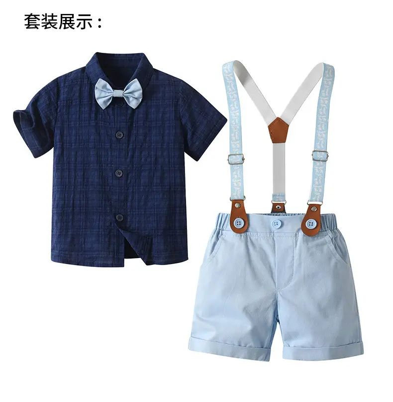 欧美绅士夏款儿童套装宝宝正装polo衬衫背带短裤宴会礼服男童夏装