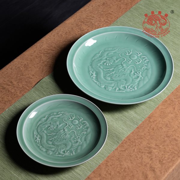 龙泉青瓷龙纹盘摆件家居饰品陶瓷家用办公室中式客厅创意装饰摆设