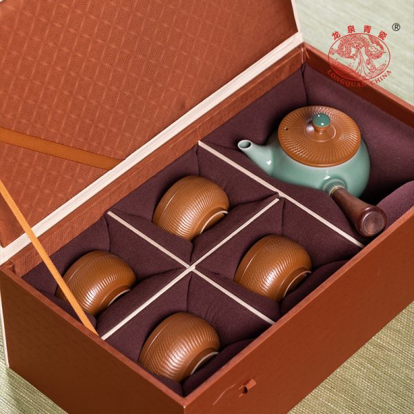 龙泉青瓷 旅行家用跳刀手工侧把壶套装 陶瓷茶杯高档功夫茶具套装
